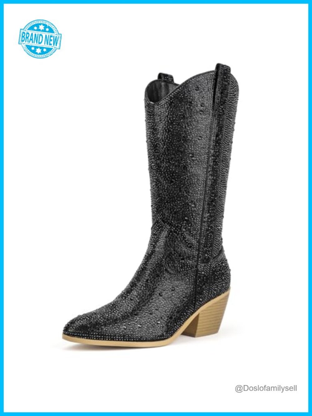 Rhinestone Mid Calf Western Cowgirl Boots Pointed Toe Block Heel